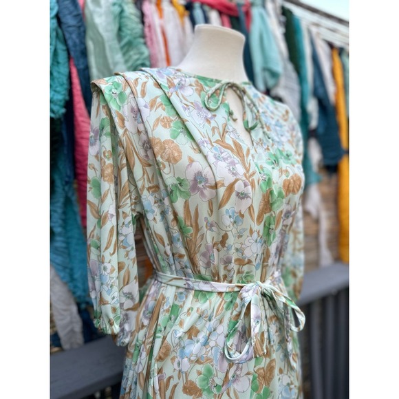 Vintage 70s 80s Floral Midi Dress Pastel Polyester Handmade Garden Party - Picture 2 of 11